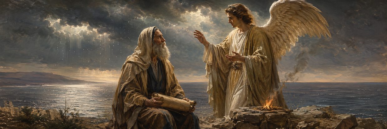 The angel Uriel teaches Ezra beside the sea while rain, fire, drops, and smoke illustrate human limits